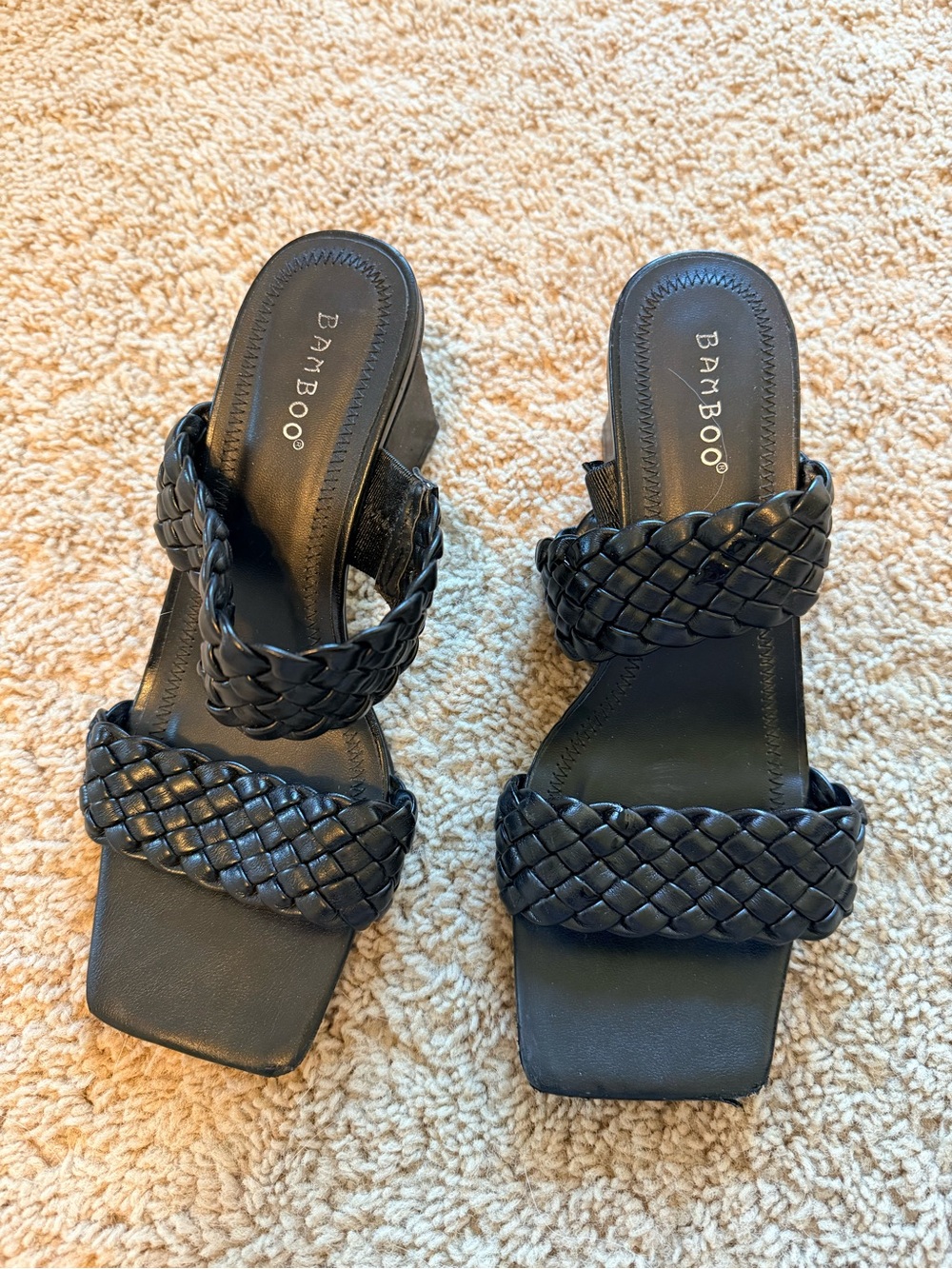 BAMBOO Black Braided Double-Strap Square-Toe Slide Heels